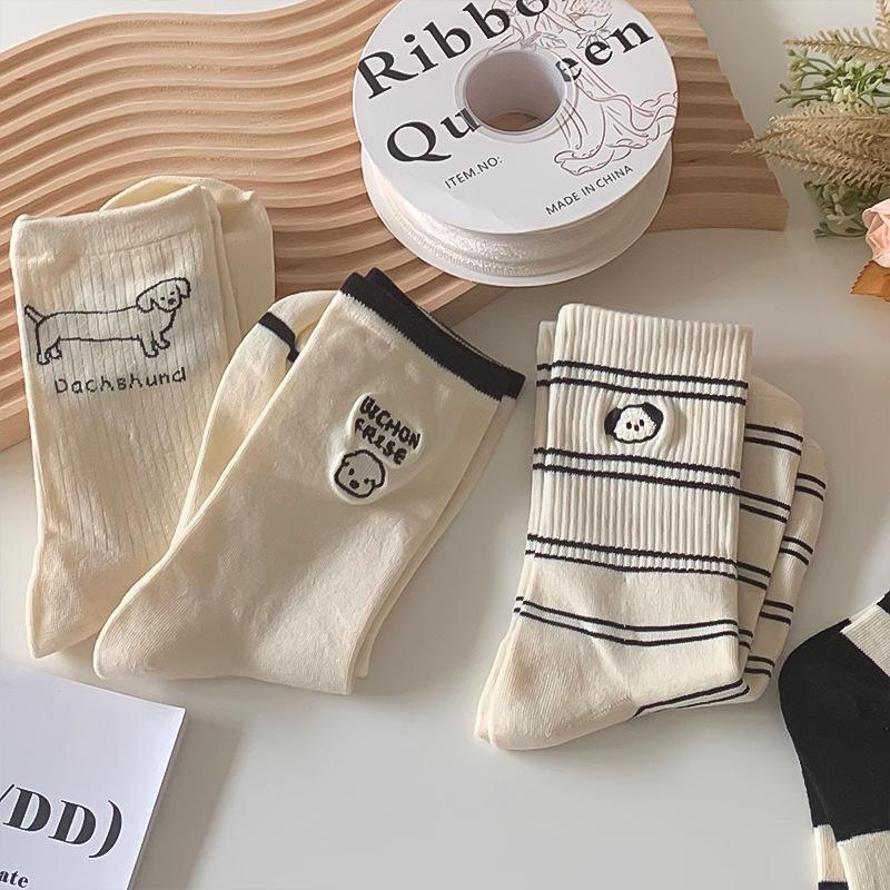 Women's Japanese Style Striped Cartoon Puppy Mid-Calf Cotton Socks - Cute, Breathable, and Versatile Embroidery Design.