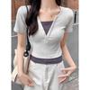 Fake Two V-neck Front Shoulder Short-sleeved T-shirt for Women's Spring and Summer New Splicing Contrasting Colors, Tight Spice Girl Short Top