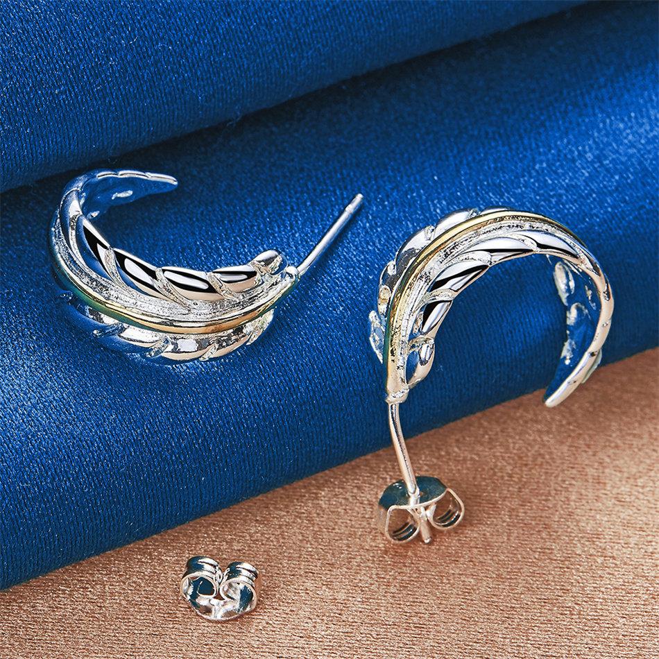 925 Sterling Silver Exquisite Feather Stud Earrings for Women Fashion Wedding Party Charm Gift Jewelry