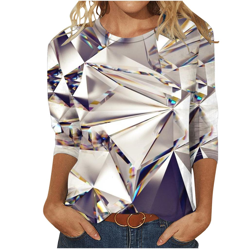 European and American women's round neck long-sleeved T-shirt with sequins 3D printing