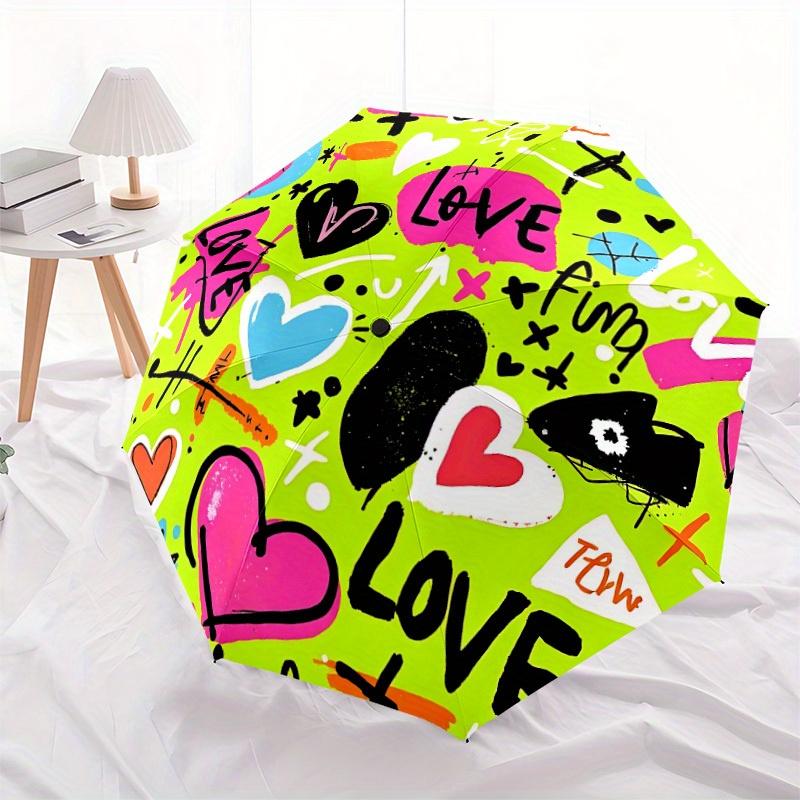 1pc Love Graffiti Print Automatic Open/Close Umbrella, Umbrella with cartoon Design, Portable Compact Umbrella for Men & Women