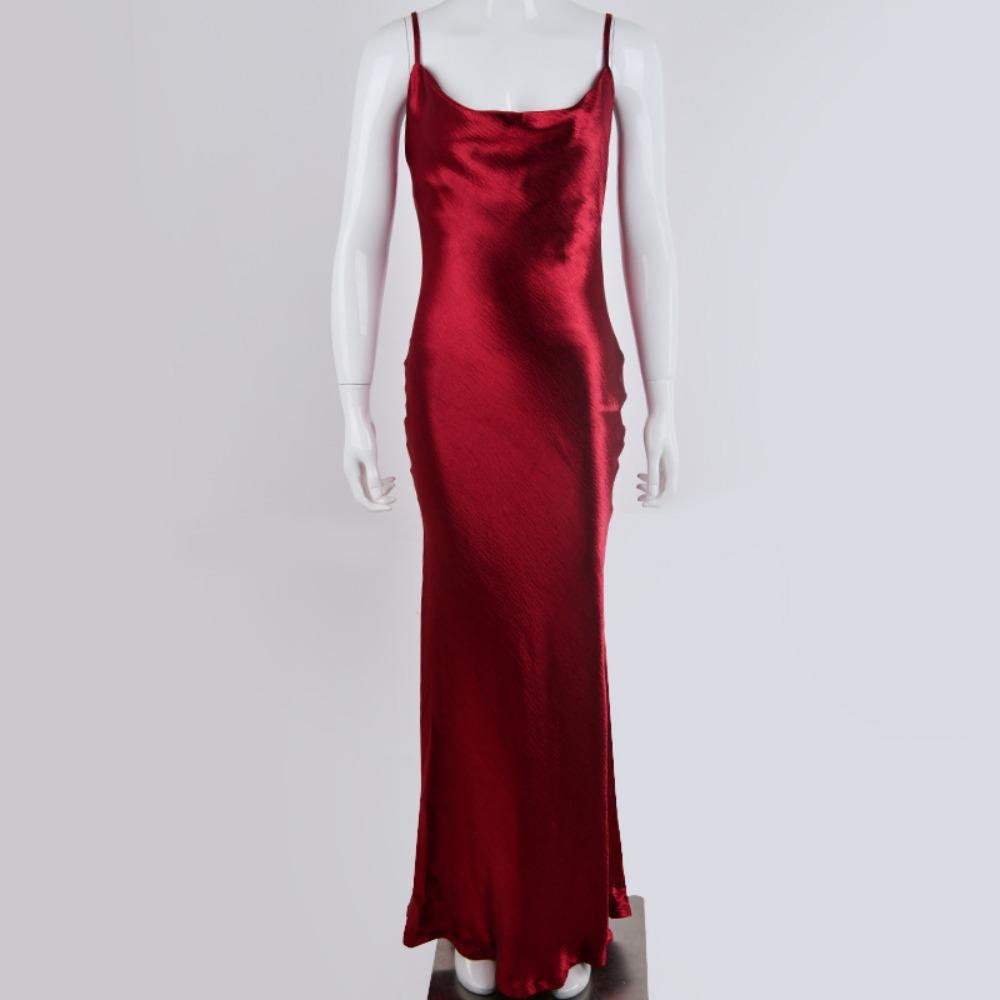 Women's Cowl Neck Sleeveless Midi Dress Fitted High Waist Elegant Satin Spaghetti Strap Backless Evening Dress