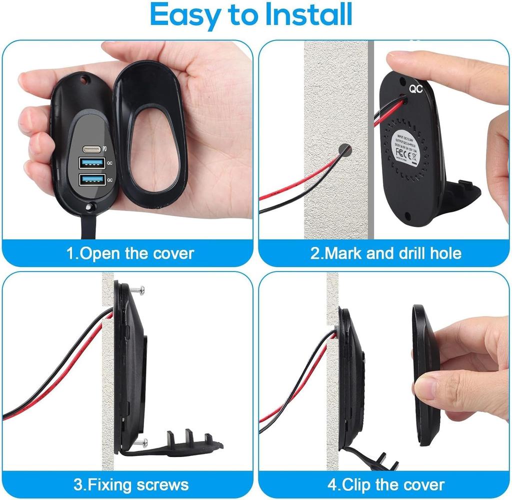 3-Ports 12V-24V Car Charger USB Outlet Type-C PD3.0 Dual QC3.0 Panel Wall Surface Mount Fast Charger Adapter for RV Marine Bus