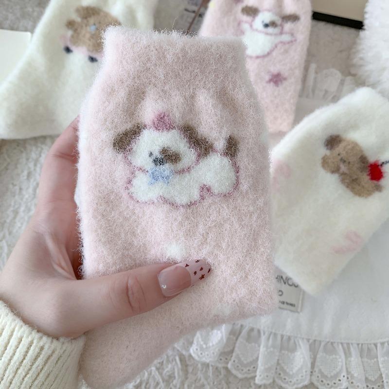 Pink Down-proof Socks - Children's Autumn-winter Warm-up Thickened Mid-calf Socks with Cute Cartoon Dog Design Floor Socks