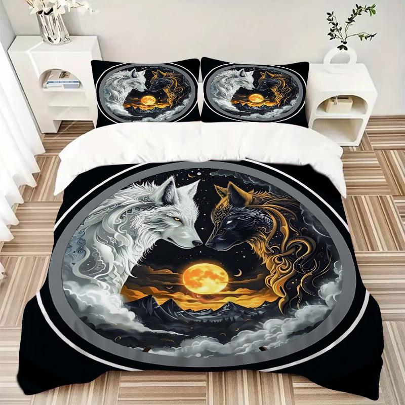 3pcs Yin Yang Wolves Printed Quilt Set - Includes 1 Quilt Cover and 2 Pillowcases, Machine Washable - Suitable for All Seasons.J105