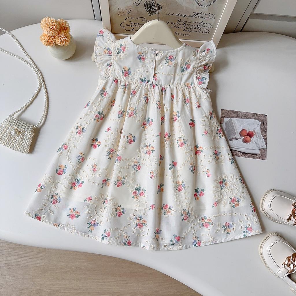 Girls Summer Embroidered Floral Dress Cute Flutter Sleeve Princess Vest Dress For Kids Children Party Wear