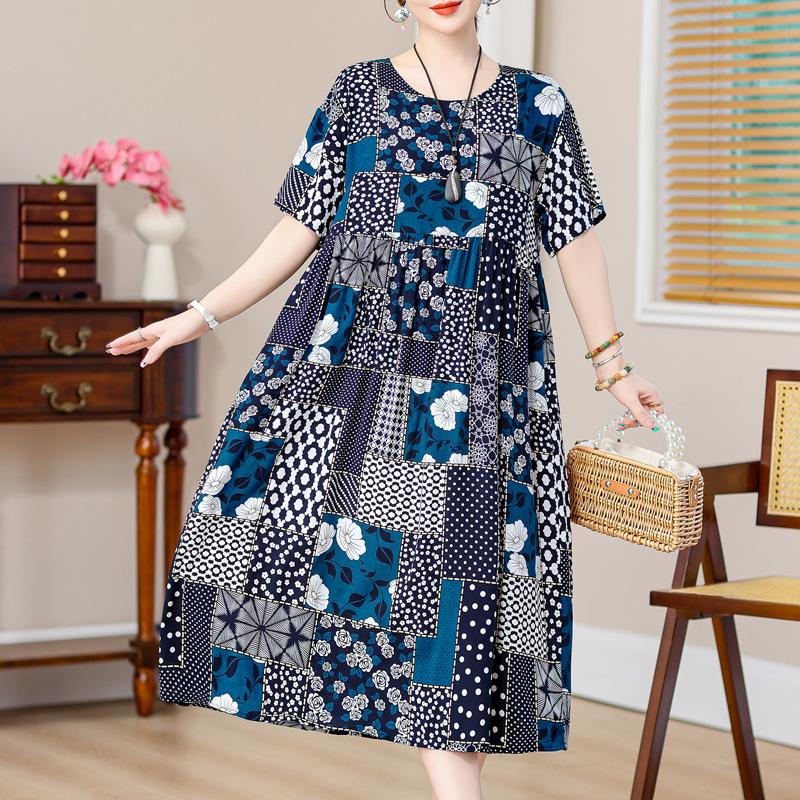 Plus Size Vintage Print Long Dress for Women Oversize Short Sleeve Elegant Loose Dresses Summer Casual Middle-aged Women's Clothing