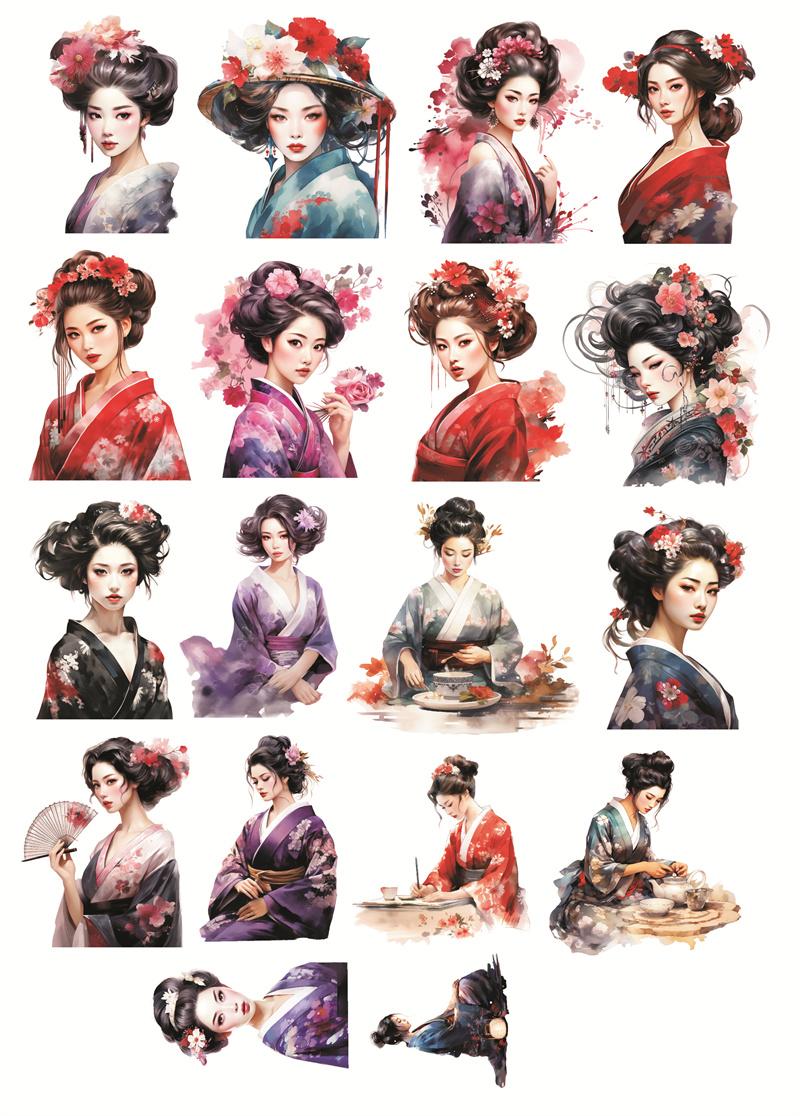 

Cute Japanese geisha and kimono girl in watercolor style Stationery Sticker Journal Decoration, Waterproof And Scrapbooking белый
