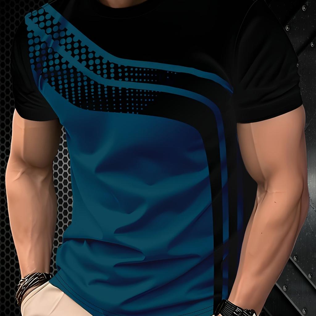 T-shirt Traspirante da Uomo a Maniche Corte in Poliestere - T-shirt alla Moda con Stampa Digitale a Righe Nere e Grigie - Traspirante