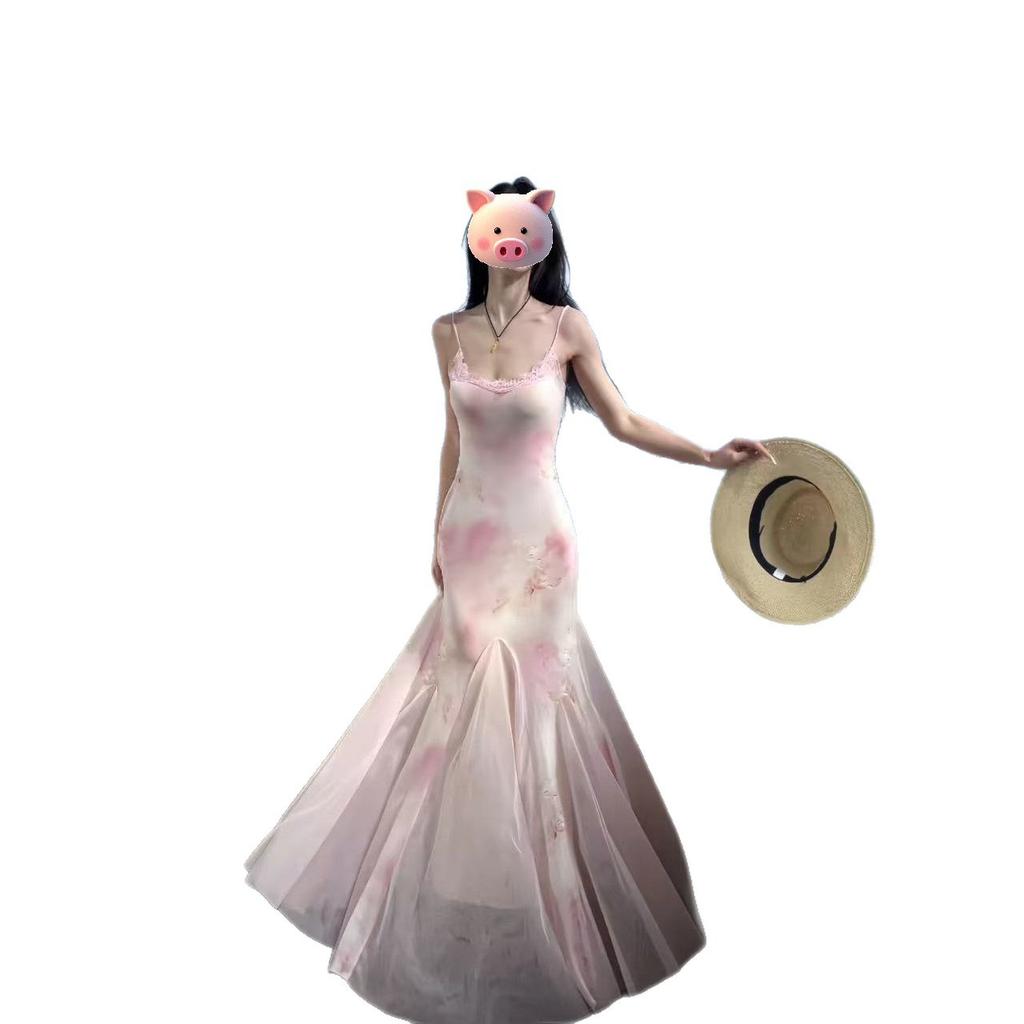 Dopamine South East Asia Island Vacation Dress Atmosphere Pure Desire Spice Girl Floral Mesh Buttocks Suspender Long Dress