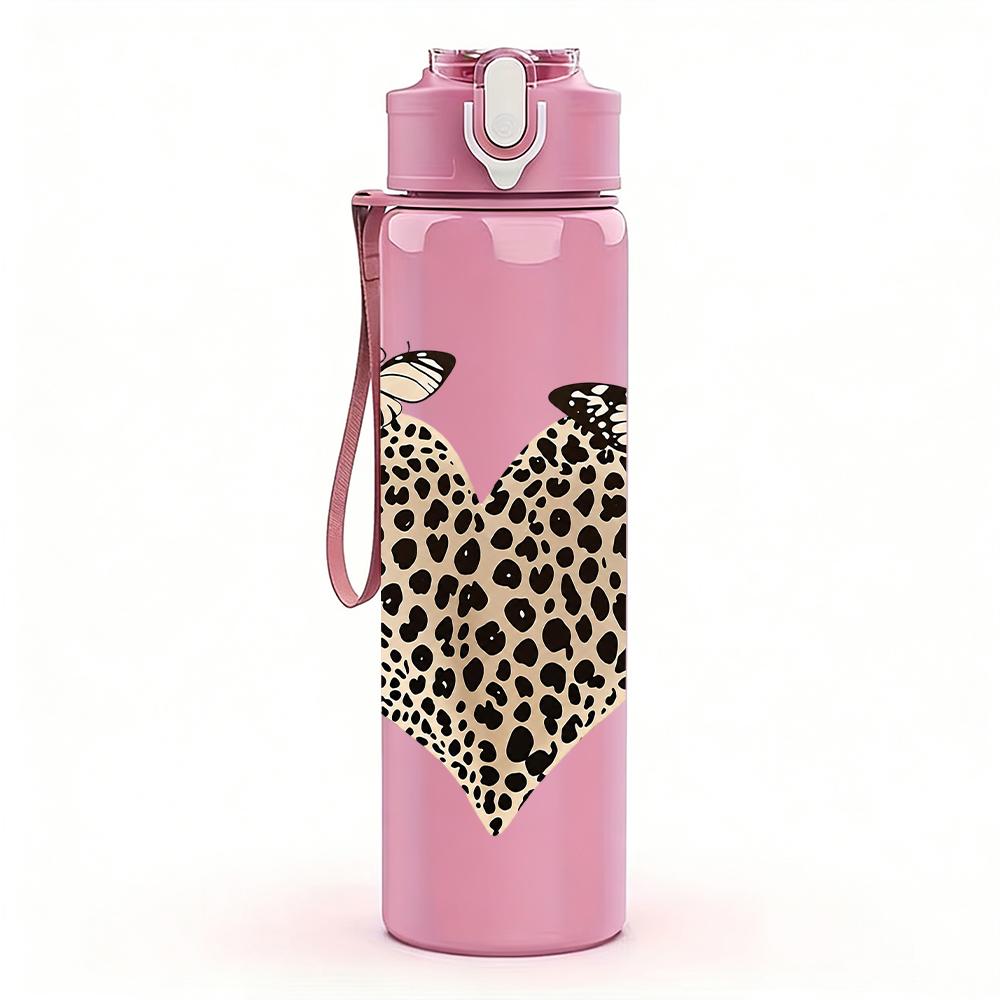 1PC Leopard Butterfly Heart Graphic,750ml Color Plastic Sports Water Bottle,Leakproof Flip Straw Lid,Suitable for Sports Office Home Use