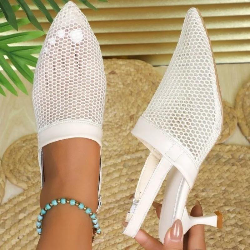 Shoes for Women 2024 Mesh Slip-on Women's High Heels Summer High Heel Pump Women Pointed Toe Slingbacks Heeled Sandals