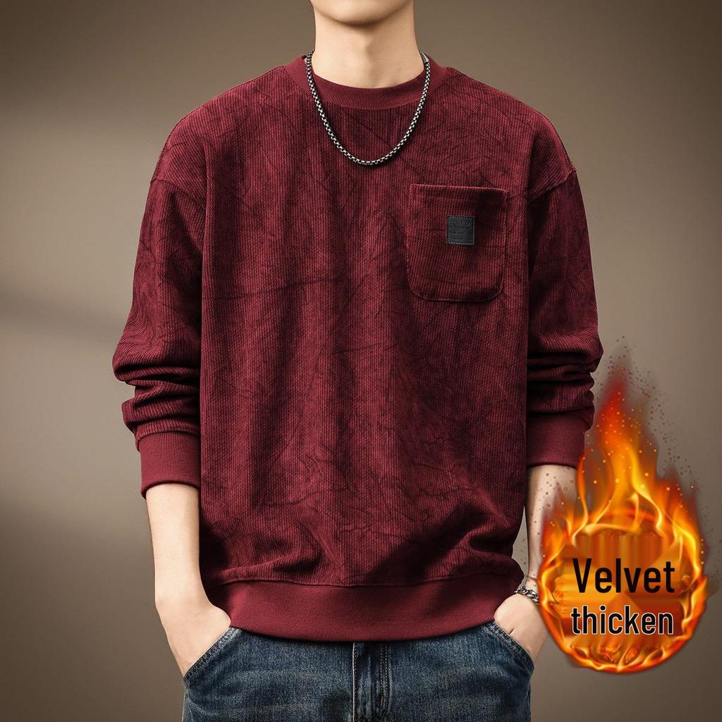 Men's Heavyweight Wool Hoodie - Spring/Autumn Round Neck, Loose Long Sleeve T-shirt, Printed Casual Base Layer