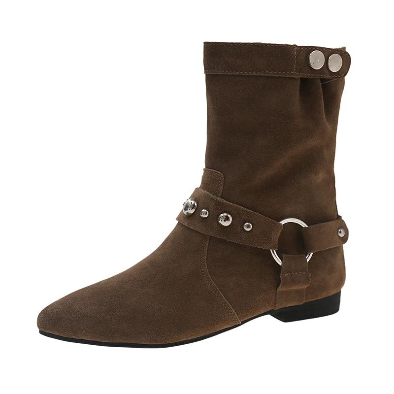 High Quality Ladies Shoes Slip-on Women's Boots Fashion Rivet Modern Boots Women Sexy Pointed Toe Solid Ankle Boots Zapatos