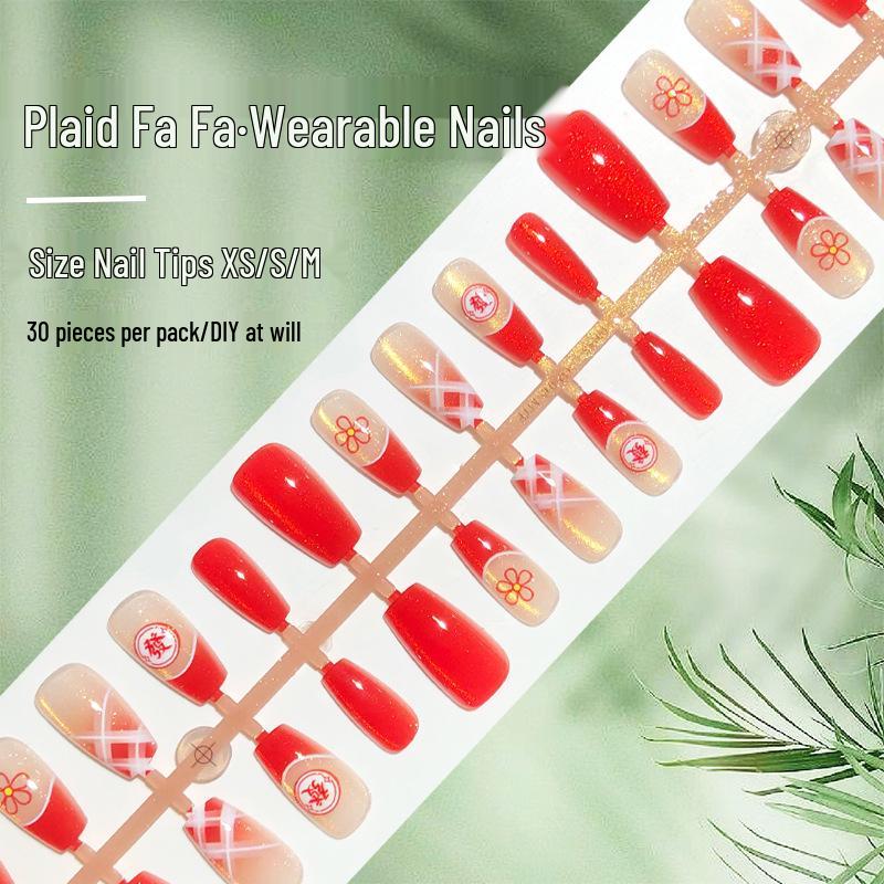 

Festive Red Plaid Cat-Eye Press-On Nails with Floral Accents for New Year