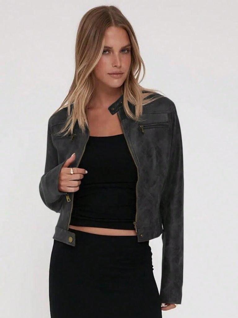 Giacca Moto Corta Vintage da Donna in Ecopelle con Zip e Collo Alto Cappotto Biker Corto Casual