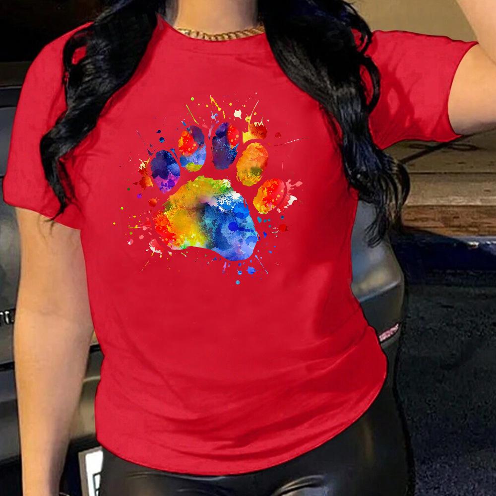 Dog Paw Pattern Cotton T-Shirt Short Sleeve Round Neck Women 2d Print Tops
