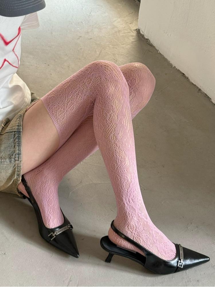 New Floral Pattern Coffee Fishnet Stockings with Suspender Women Sexy Brown Hollow Out Mesh Thigh High Socks Lolita Long Socks