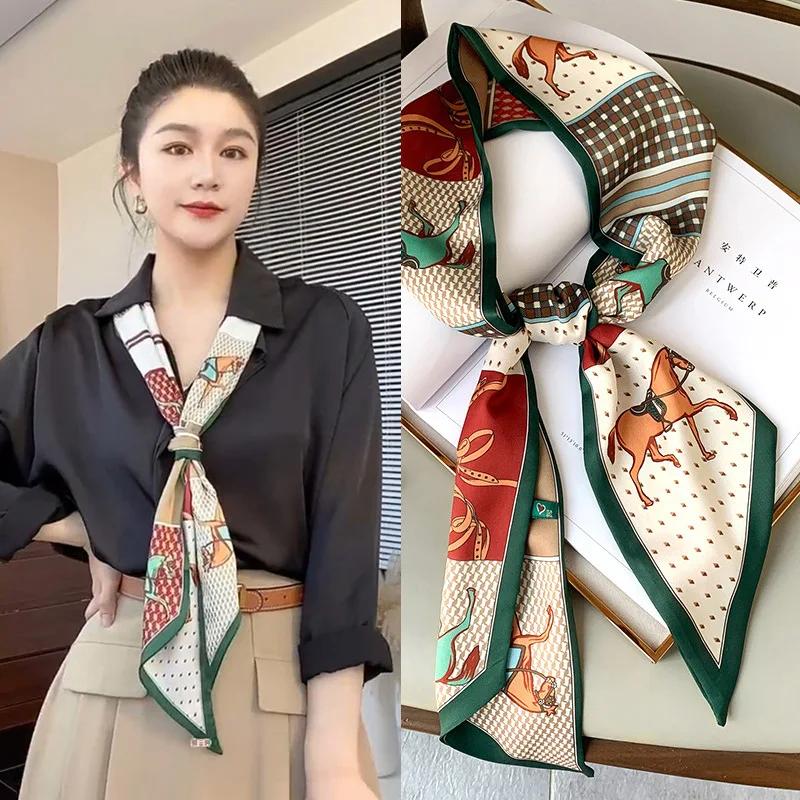 Mode Blauer Druck Seidenschal Damen Weicher Satin Pferdehaarband Schräges Halstuch Büro Hijab Stirnband Foulard Taschenbänder Geschenk