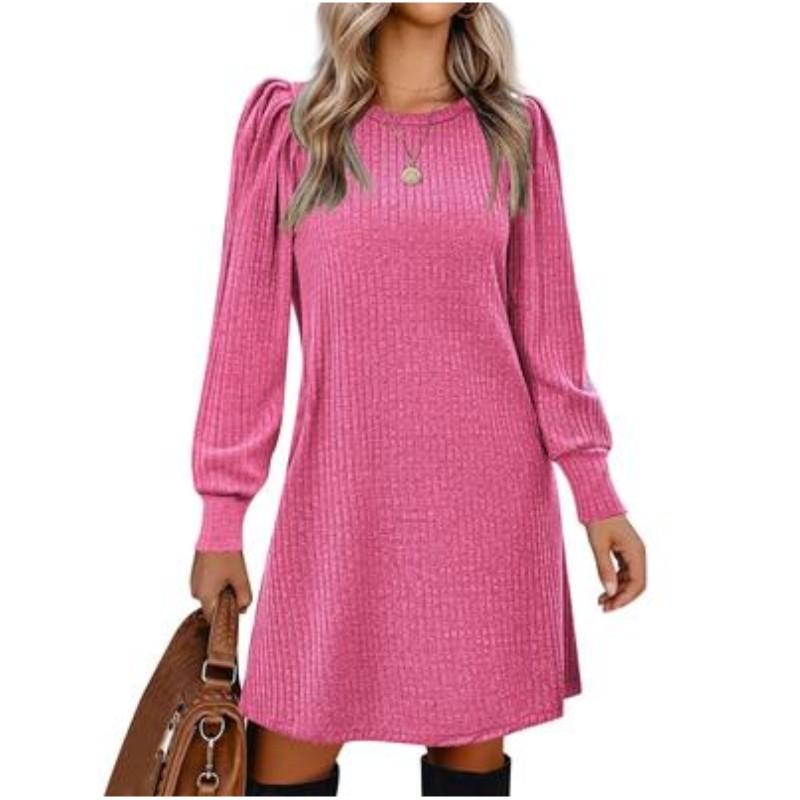 Damen Herbst und Winter Rundhals Lässiges Strick Langarmkleid Temperament Kordelzug Kleider