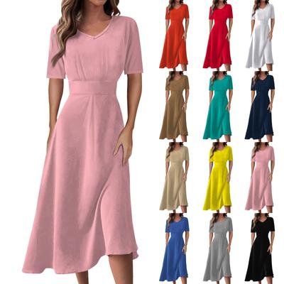 Ladies Casual Fashion Solid Color V-Neck Short Sleeve Waist Long Swing Dress