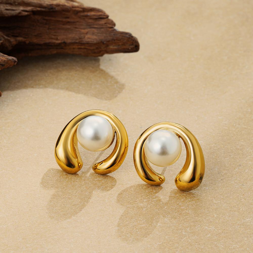 New Trendy Gold Plated Stainless Steel Circle Chunky Teardrops Earring Imitation Pearl Stud Earrings for Women Creative Zircon
