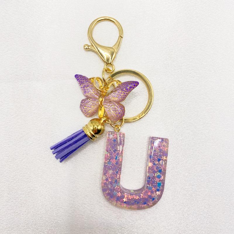 26-Letter Alphabet Resin Keychain with Star Sequins & Tassel Charm