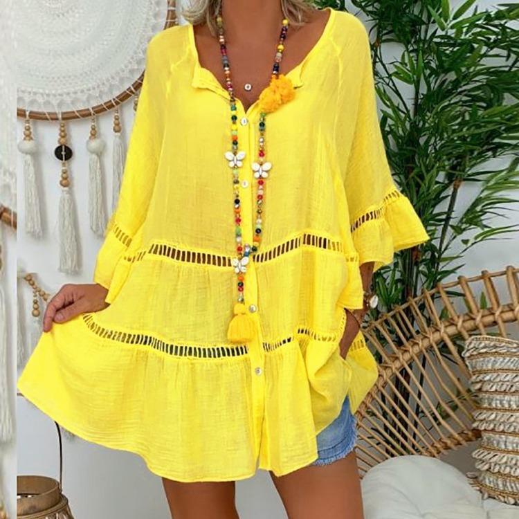 

Oversized Plus Size Women Cotton Blouse Tops Solid Color Yellow White Hollow Out Buttoned Flare Sleeve Loose Ruffle Shirt XL