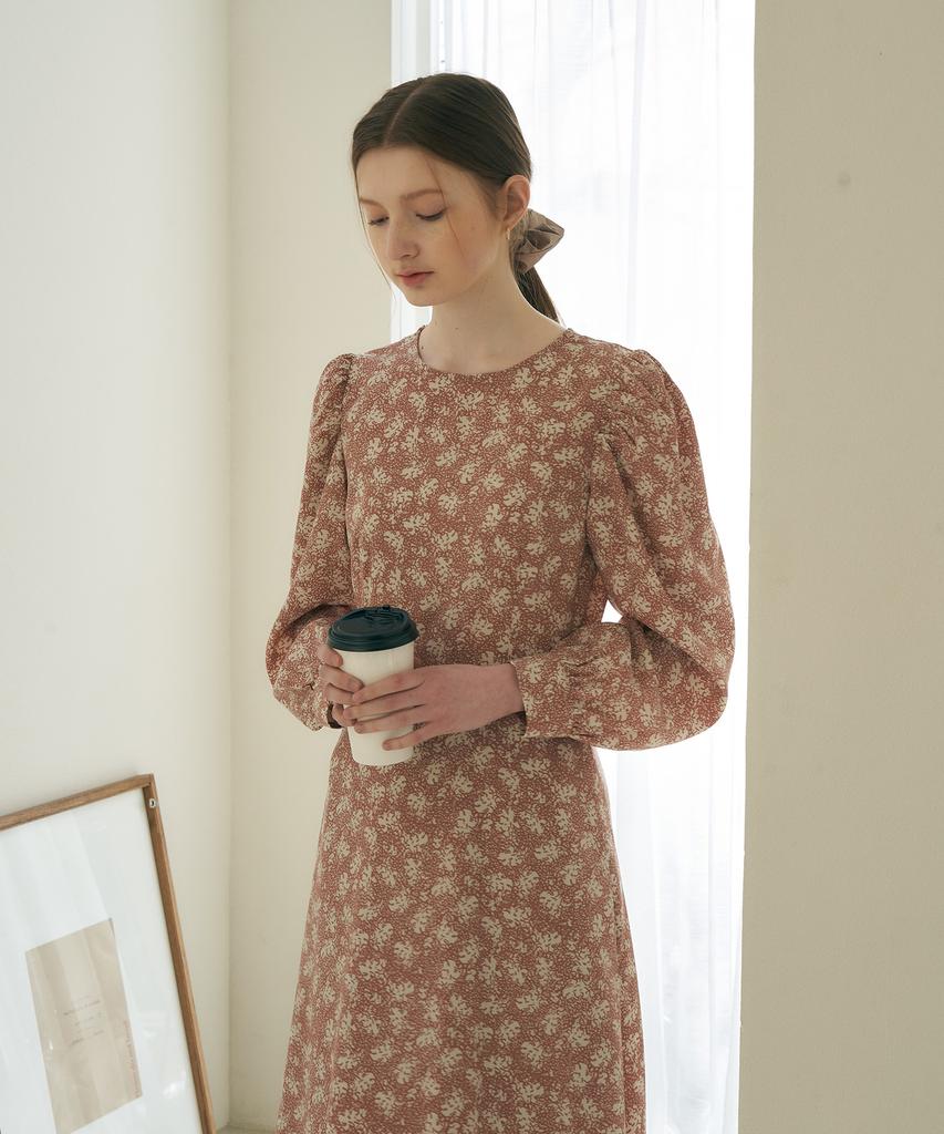 Adowl Smoking Flower Pattern Puff Long Dress - Coral Pink
