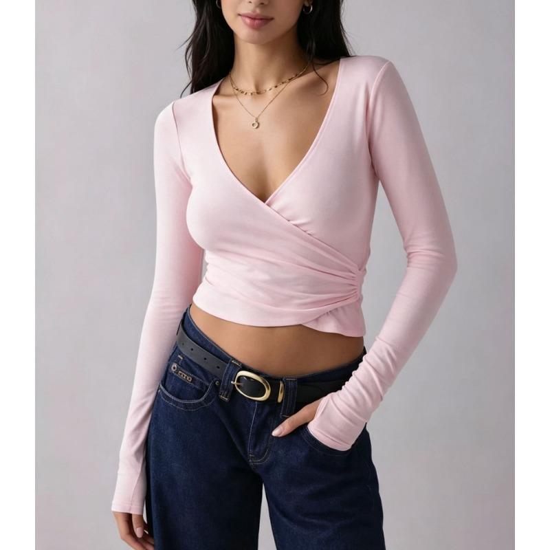 Women S Slim Fit V Neck Long Sleeve T Shirt With Cross Waist Wrap