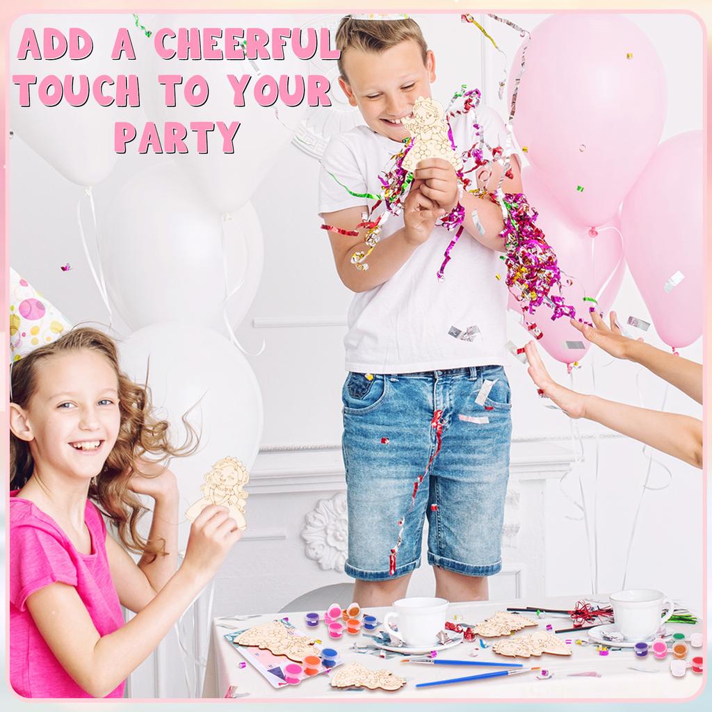 12 Pcs Birthday Theme Party Favors Wooden Painting Crafts Bulk With Game Cards Paint Brushes Supplies For Themed Party Decoratio