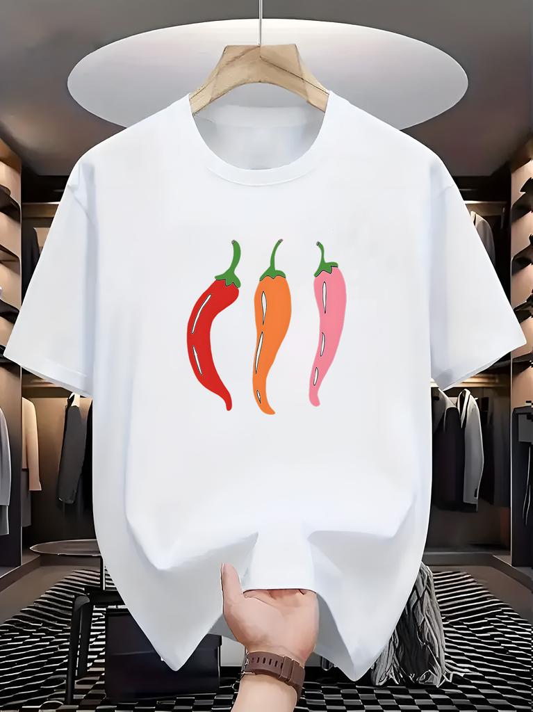 Unisex Navy Blue Crew Neck Tee Three Colorful Red Orange Pink Chili Pepper Simple Cartoon Vegetable Minimal Casual Cotton Tops