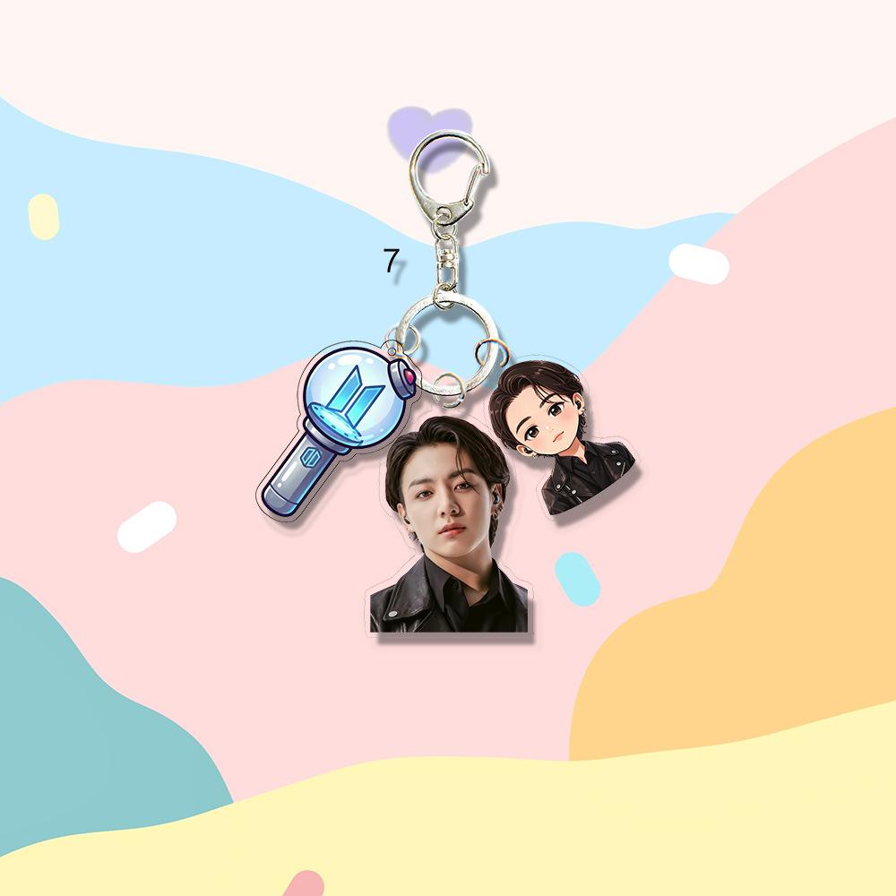BTS Cute Triple Charm Acrylic Keychain, Bangtan Boys Real Photo, Cartoon Figure & Army Bomb Keyring, Kpop Idol Bag Pendant for ARMY Fans