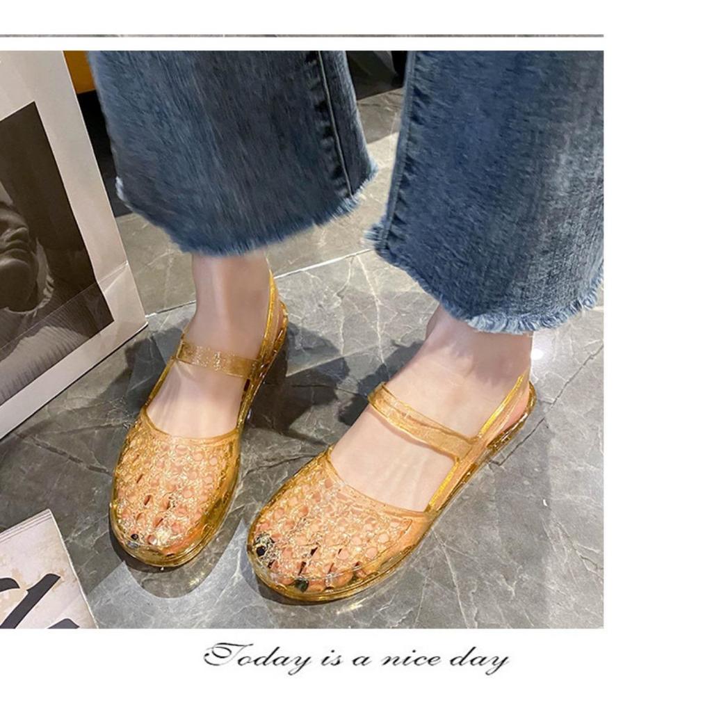 Gemstone Sparkling Jelly Mary Jane Shoes, Transparent Woven Hollow Flat Shoes, Waterproof and Non Slip, Cute Beach Pool Vacation Cooldown
