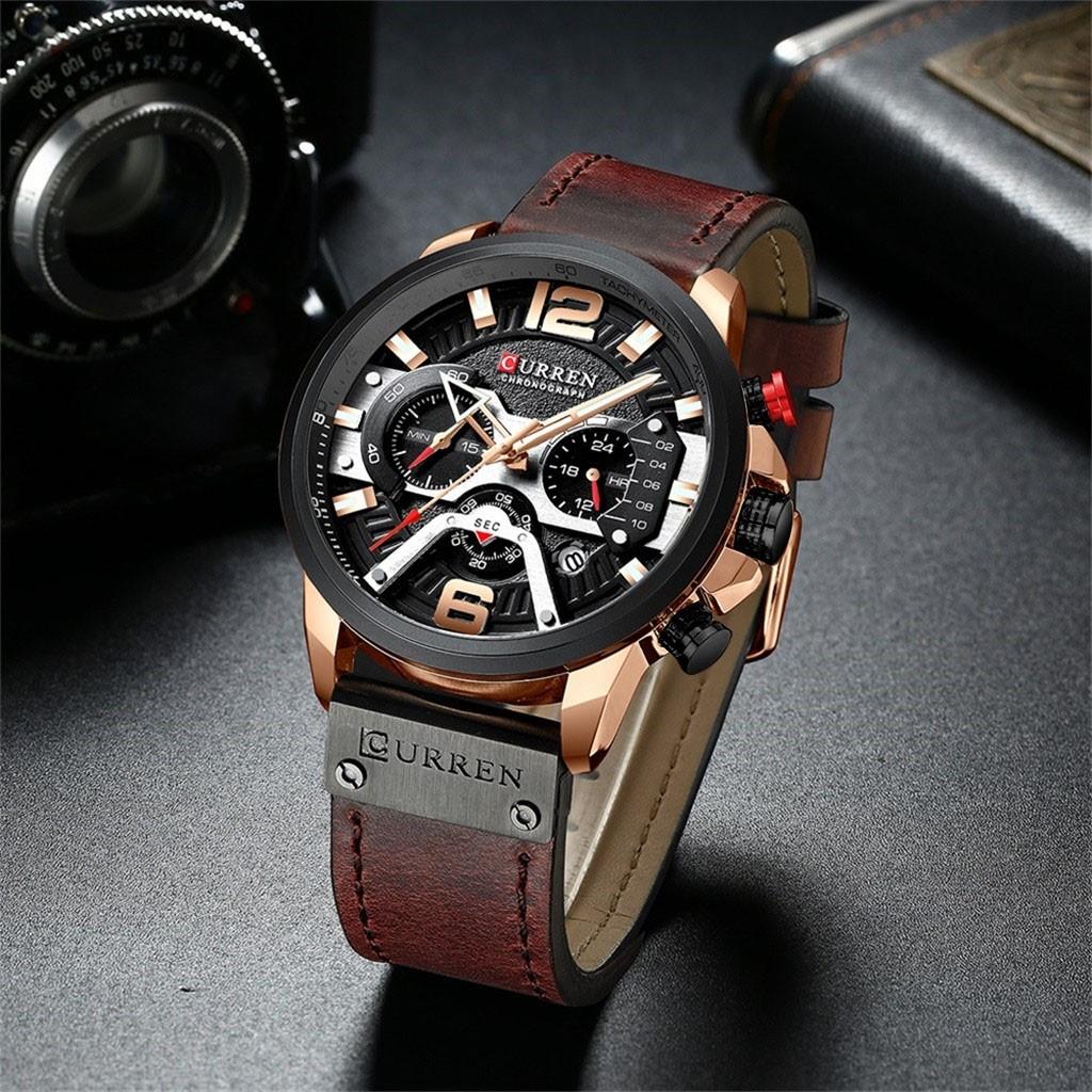CURREN Men's Business Leather Strap Watch Waterproof Quartz Chronograph Date Display Three Sub-Dials Six Hands Casual Wristwatch