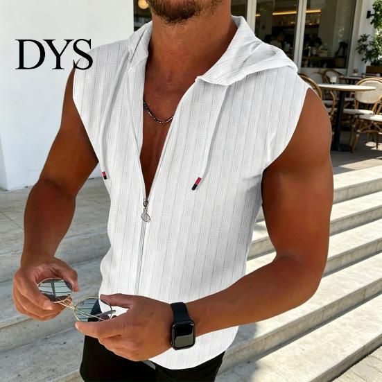 Bequemes Herren Freizeit T-Shirt Mit Kapuze Reißverschluss Jacquard Ärmelloser Hoodie Stylisches Hemd mit Reißverschluss Vorne Texturiertes Sommer Tanktop für Fitnessstudio Straße