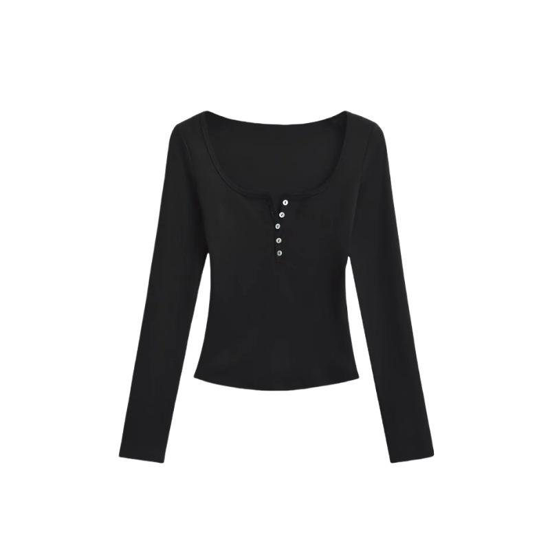 Women's U-Neck Long Sleeve Slim Fit Crop Top Solid Color Casual Basic Tee