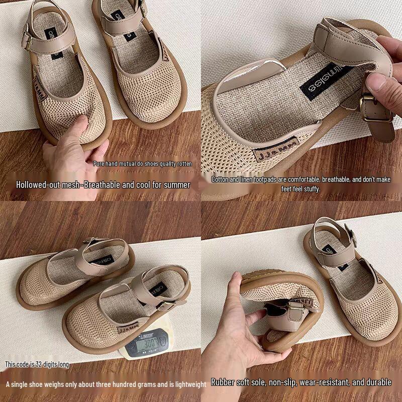 Women's Breathable Mesh Closed-Toe Linen Sandals - Hollow Design, Single Strap, Plus Size Available