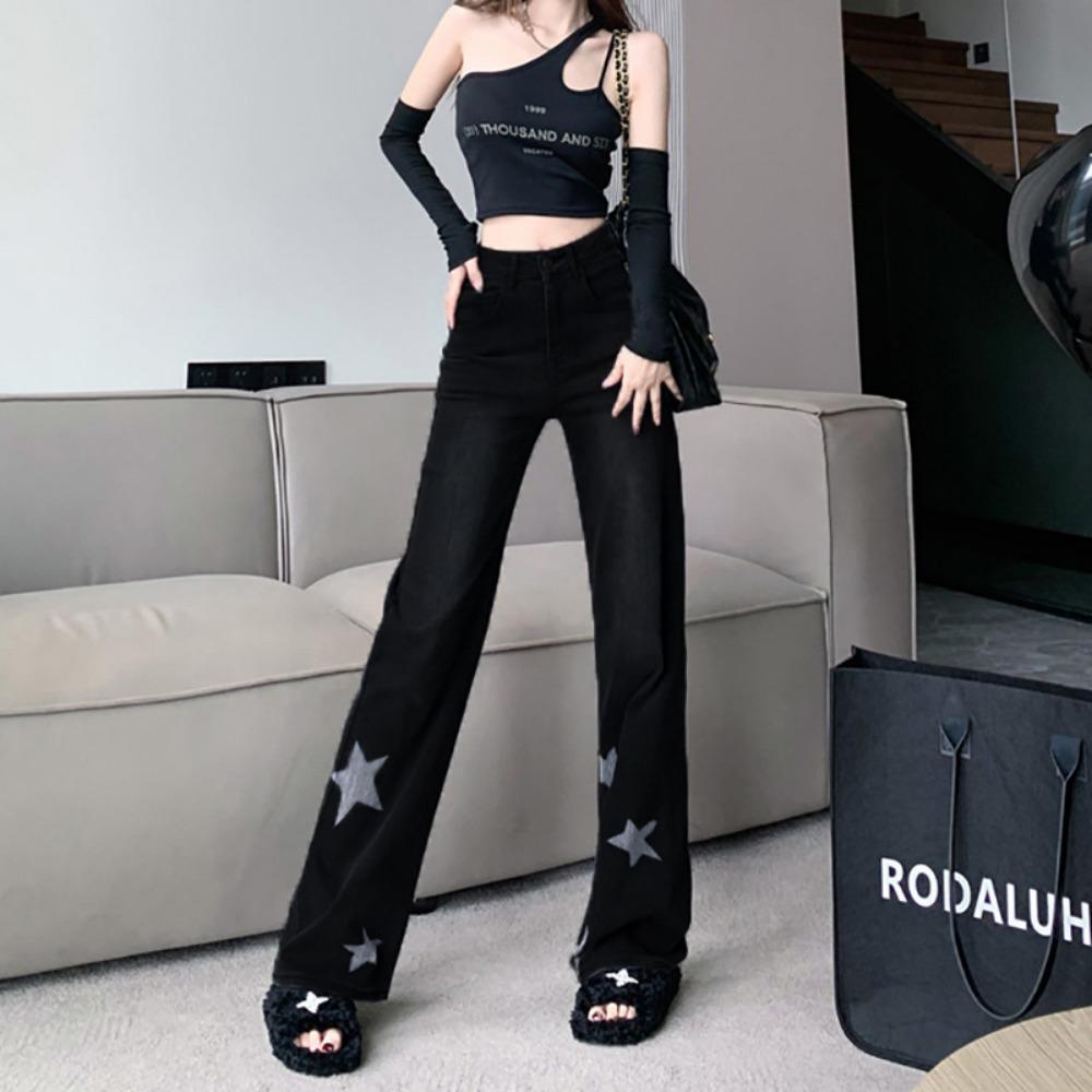 

Простые джинсы для мытья пола женские весенне-летние новые дизайнерские нишевые универсальные и тонкие прямые широкие брюки 2XL чёрный