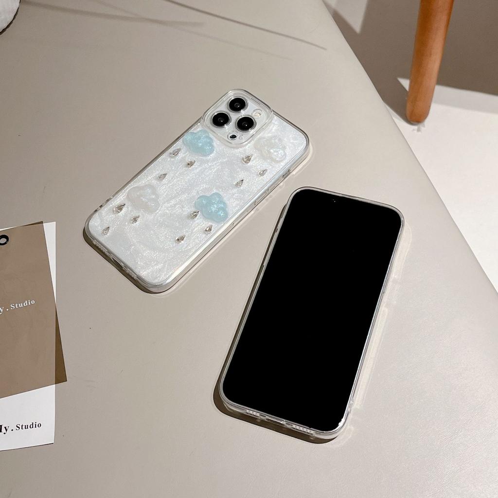 For iPhone 15 Pro Case Cute 3D Cloud Rhinestone Decor TPU+PC Phone Cover (Precise Lens Cutouts)