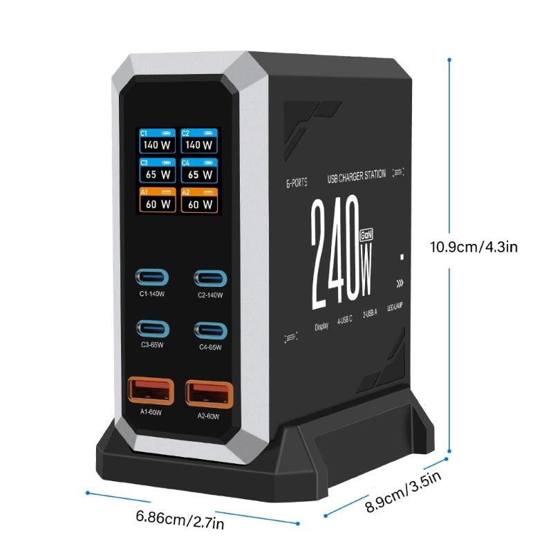 240W Charging Adapter 6 In 1 140W USB Type C Digital Display Fast Charging Station for Mobile Phone Laptop Electronics