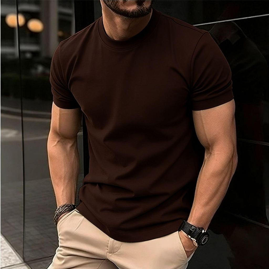 Men's Oversized Round Neck Logo T-Shirt - Solid Color, Drop Shoulder, Pure Cotton, European Size 200g