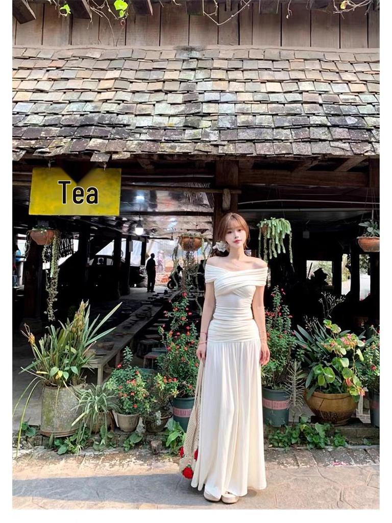 Women's French White Off-Shoulder Top & Knit Midi Skirt Set - Gentle Spring Design