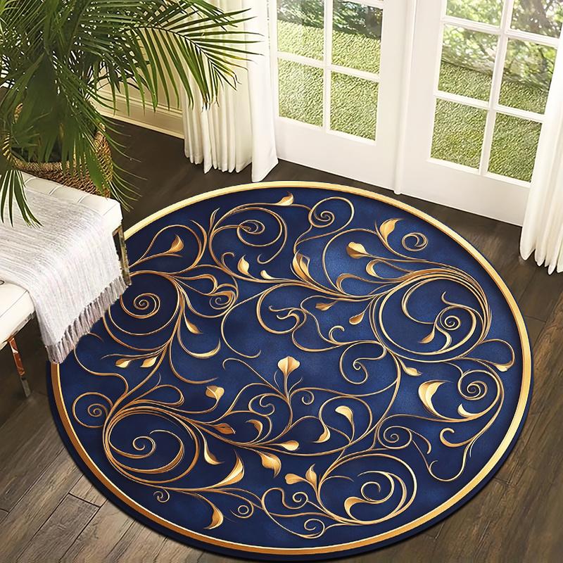 Dark Blue Reed Theme Flannel-printed Round Floor Mats Are Slip-resistant Suitable for Living Room Bedroom Terrace Garden Carpets