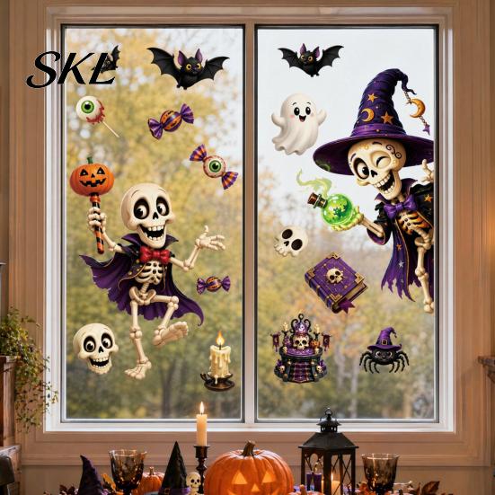 Halloween Window Stickers 2 Sheets Clings, Cartoon Skeleton Static Stickers, Funny Bat And Pumpkin Decals Ghosts Bats Pumpkins for Glass Doors Windows