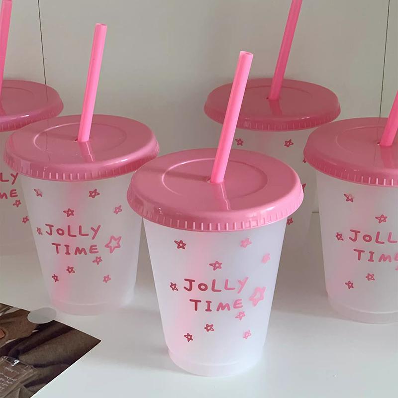 470/700ml Kawaii Water Bottle Coffee Cups Tumbler With Straw Cute Plastic Cold Cups With Lids For Juice Milk Tea Drinking Bottle