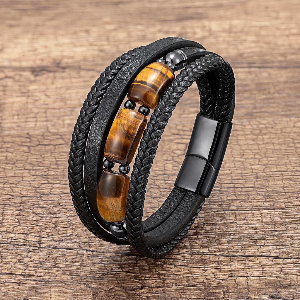 2026 Tiger's Eye Stone Bracelet European and American Men's Woven Leather Multi-layer Hand Rope Retro Jewelry