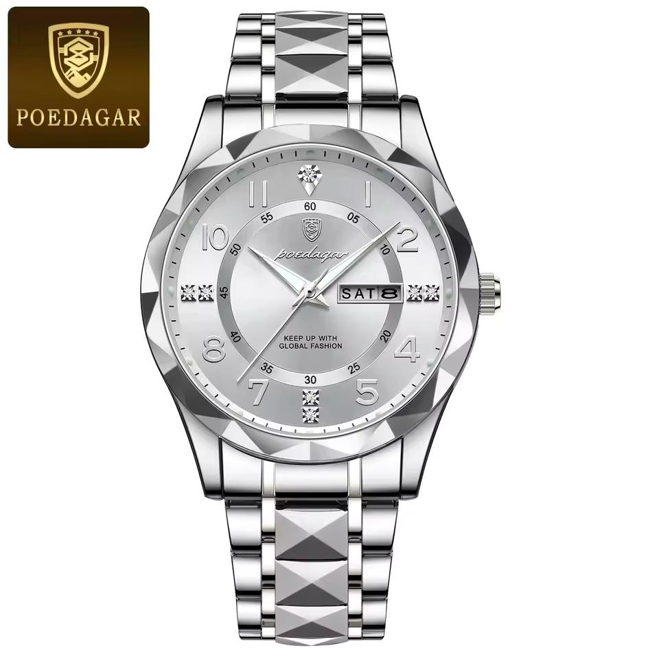 POEDAGAR Men's Stainless Steel Business Date Waterproof Luminous Quartz Watch,  Suitable For Work Occasion