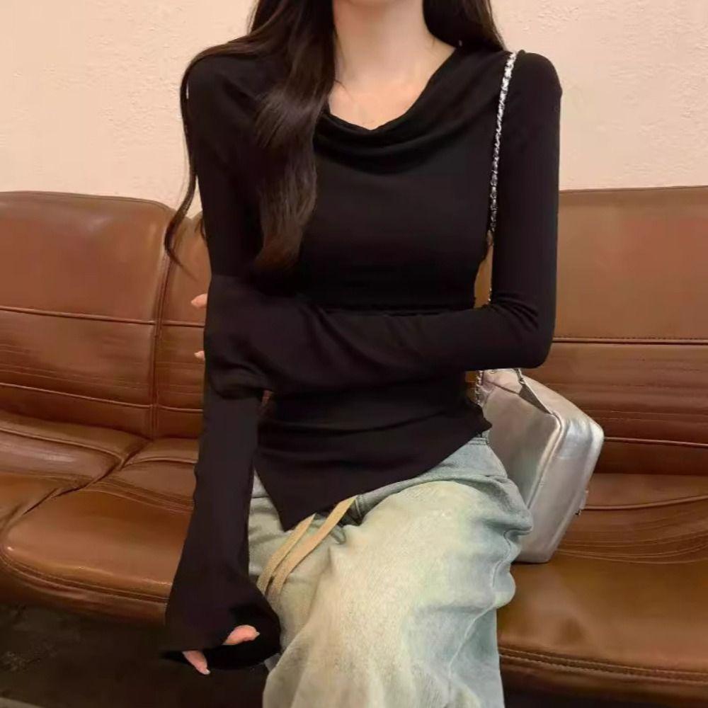 Slim Fit Long Sleeve T-shirt Chic T Shirts Women Y2k Slanted Shoulder Pullover Streetwear