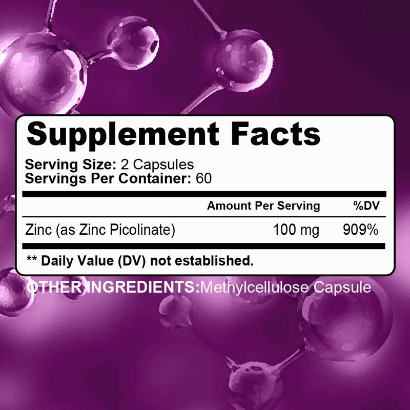 Zinc (As Zinc Picolinate) 100 Mg Dietary Supplement, 120 Capsules Per Bottle